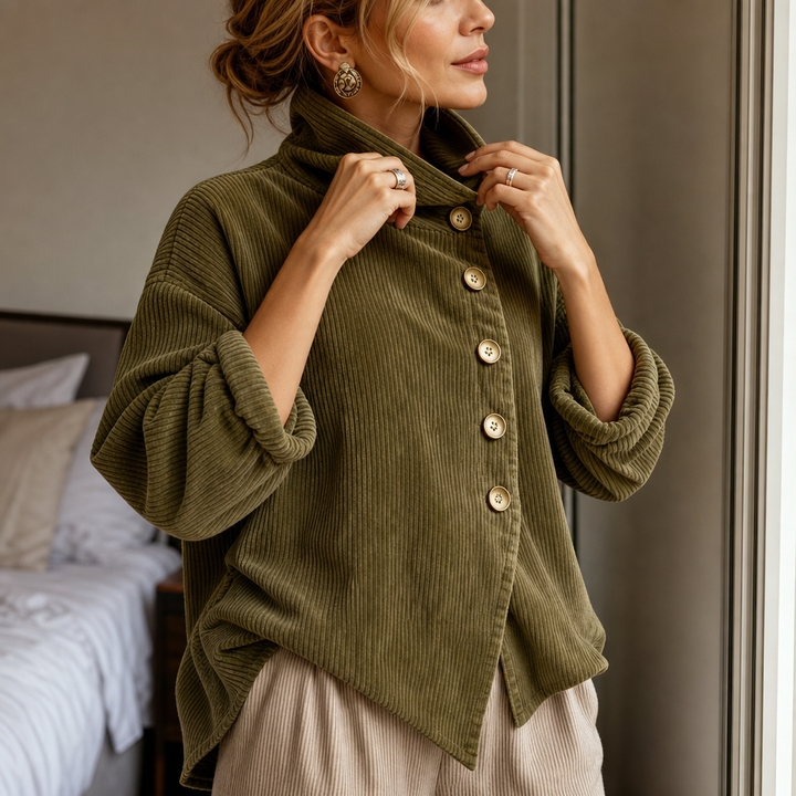 Foldover – Asymmetric Placket Funnel Neck Corduroy Top
