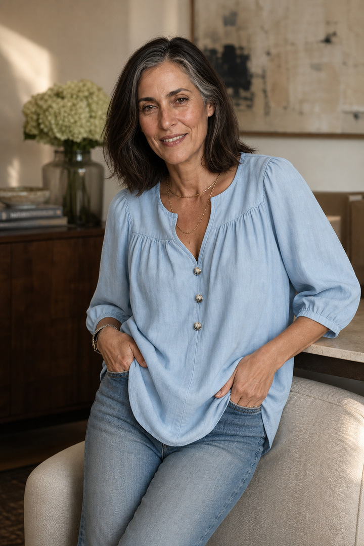 Wearbella – Gathered V-Neck Puff Sleeve Blouse