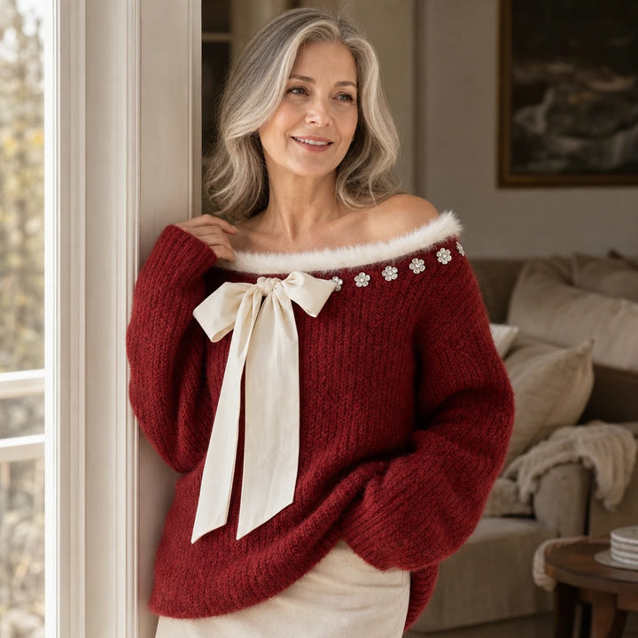 Hollytrim – Bow Floral Plush-Trim Christmas Sweater