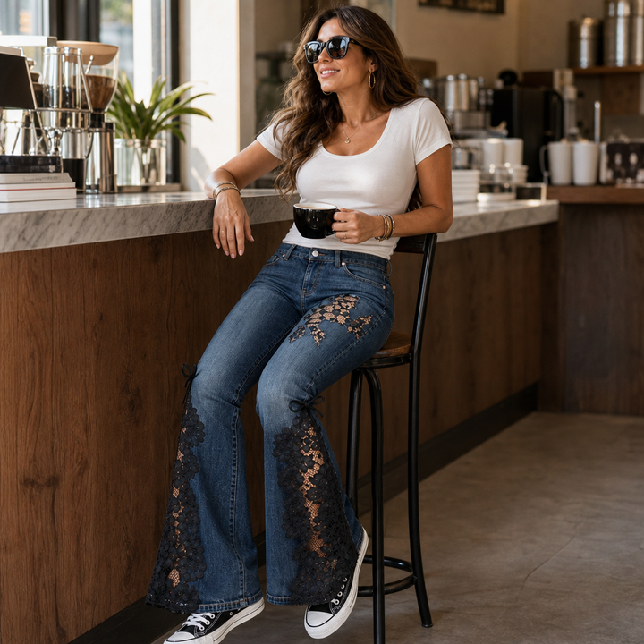 Laceflare – Black Floral Lace Panel Flare Jeans