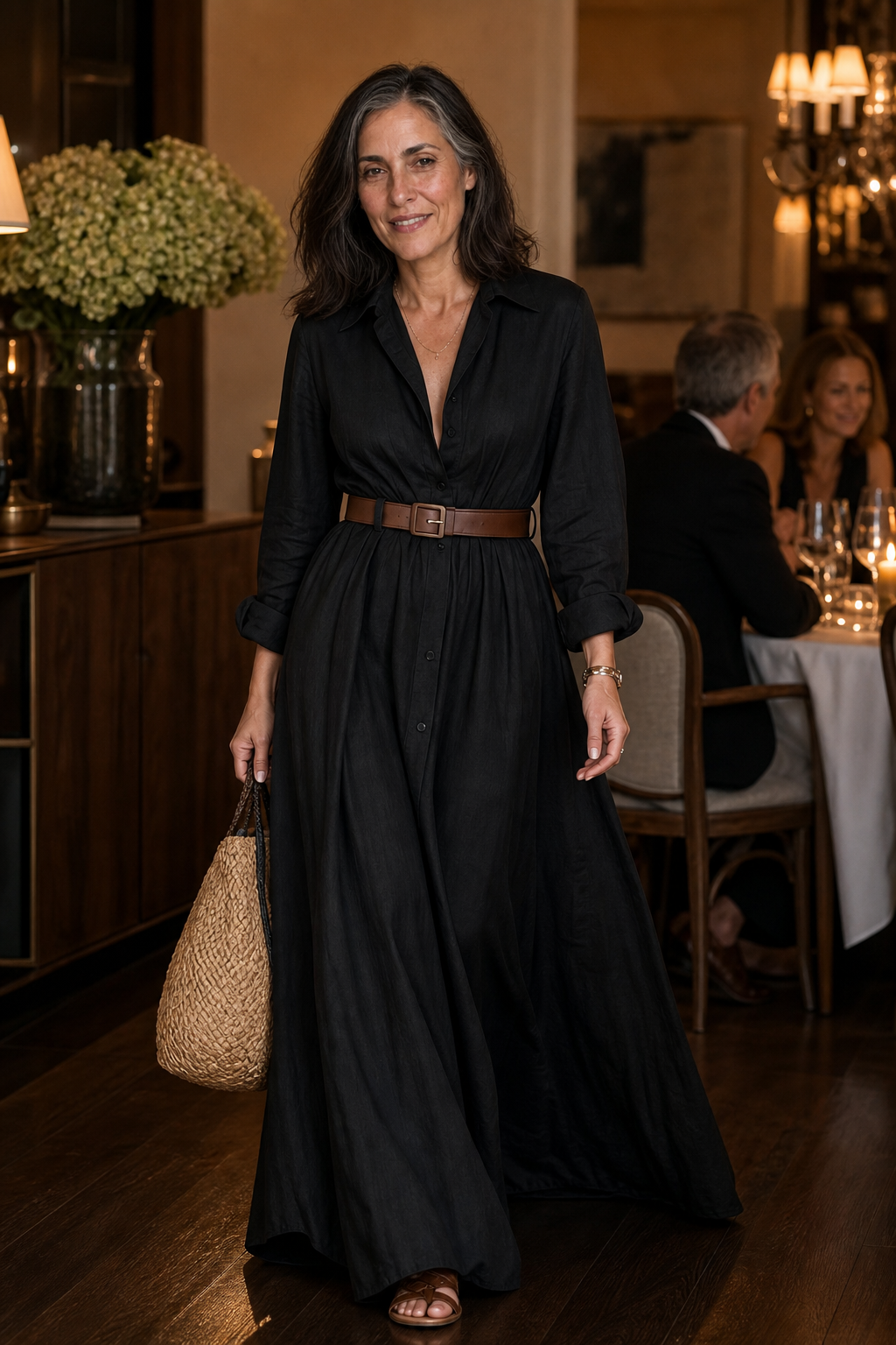Belveil – Belted Collared Long-Sleeve Maxi Shirt Dress