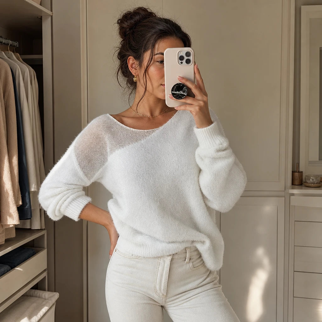 Veloura – Sheer-Shoulder Faux-Mink Sweater