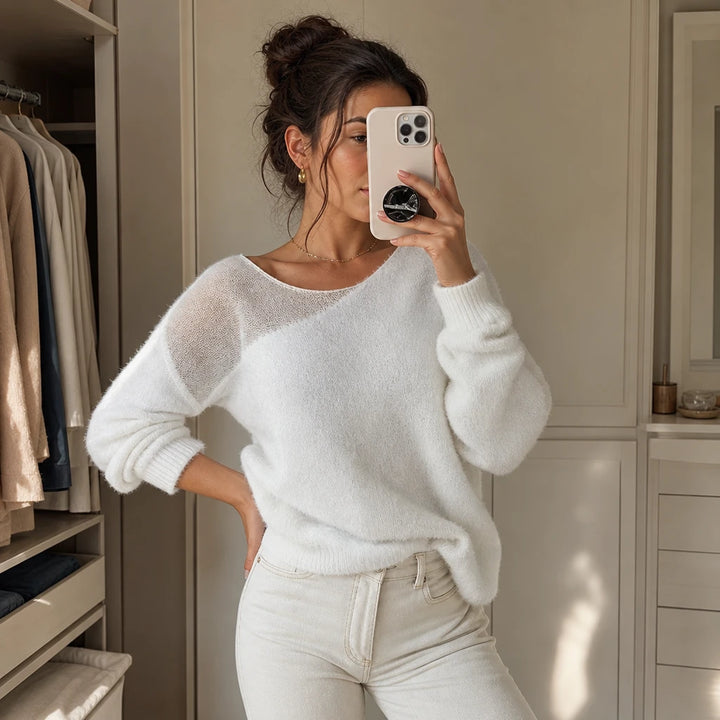 Veloura – Sheer-Shoulder Faux-Mink Sweater