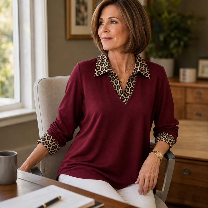 Wearlynn – Leopard-Trim Long Sleeve Tunic Top
