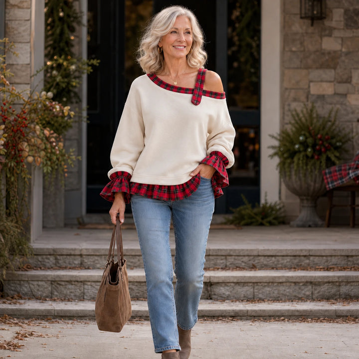 Plaidella – Plaid Ruffle Off-Shoulder Sweatshirt