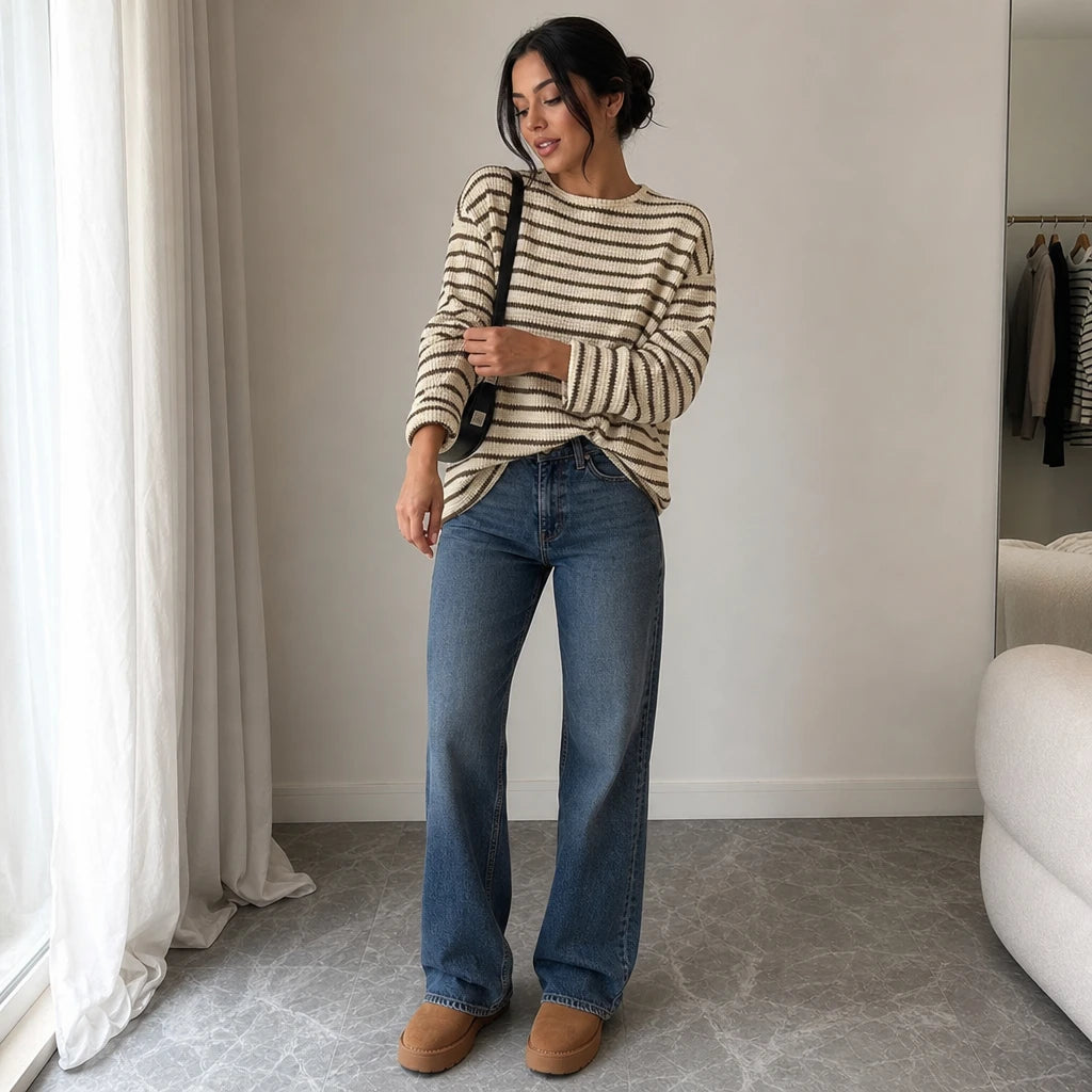 Stripe & Ease – Striped Long-Sleeve Top And Wide-Leg Pants Set