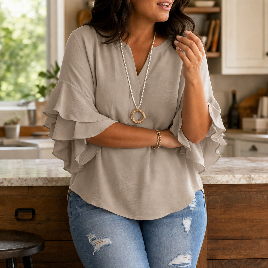 Florenza – Floral Ruffle-Sleeve V-Neck Blouse