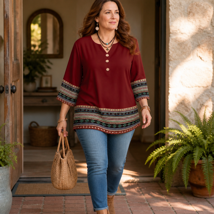 Vivelyn – Contrast Trim Button-Front V-Neck Top