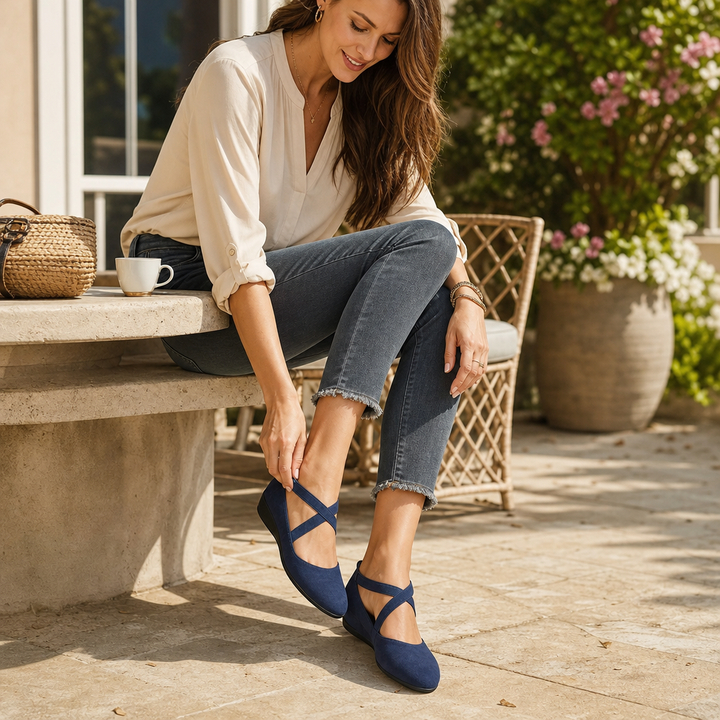 Elara Wedge – Crisscross Elastic Strap Wedge Flats