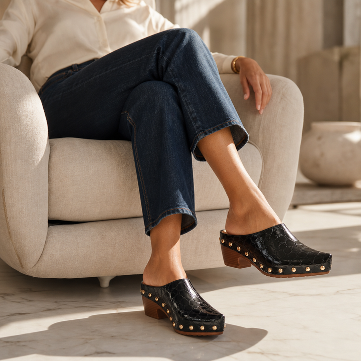 Ines Croc – Gold Dome Trim Croc-Embossed Clog Mules