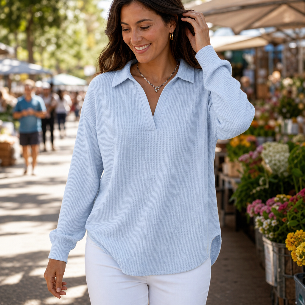 Waffelyn – Waffle-Knit Collared Oversized Pullover