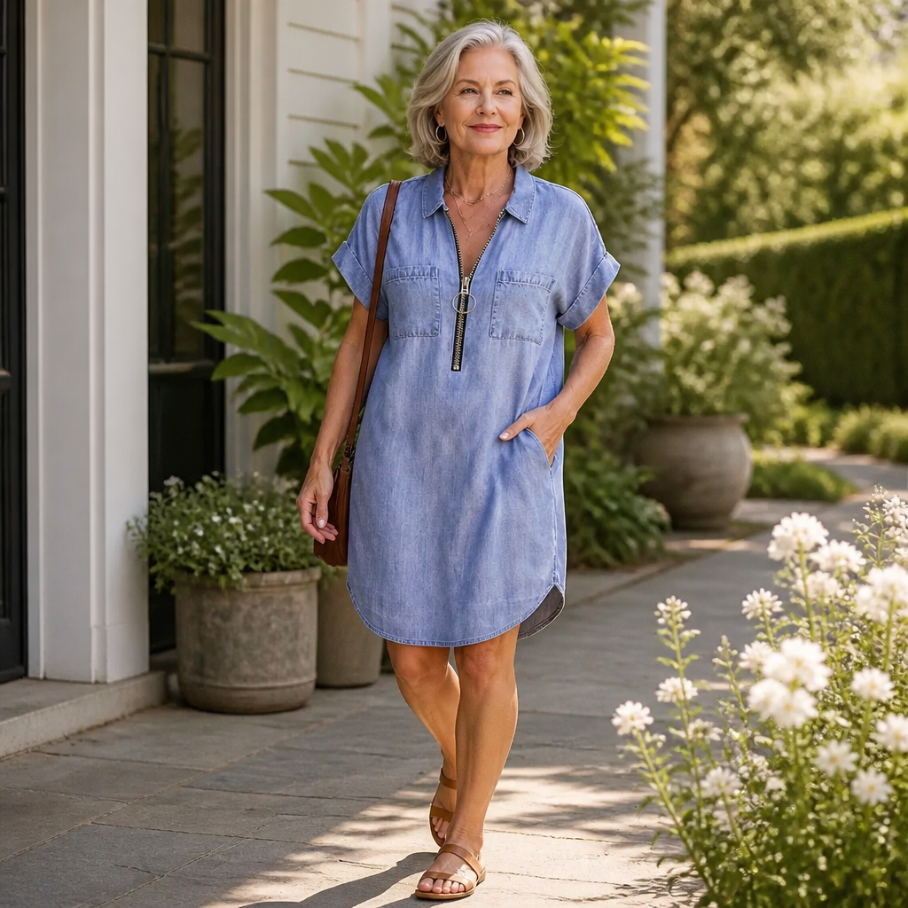 Zipdaya – Adjustable Zip-Front Denim Shift Dress
