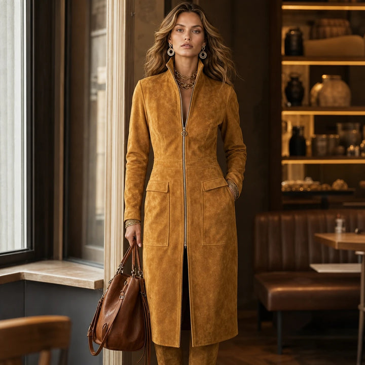 Velora – Fitted Stand-Collar Longline Coat