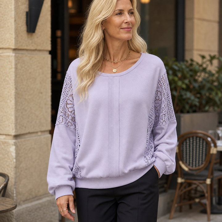 Lacebella – Floral Lace Panel Lantern-Sleeve Sweatshirt