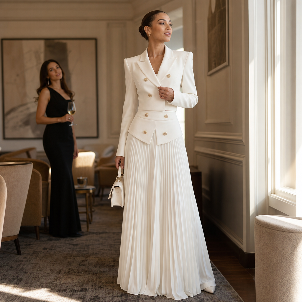 Poiseform – Cropped Padded Blazer And Pleated Midi Skirt Set