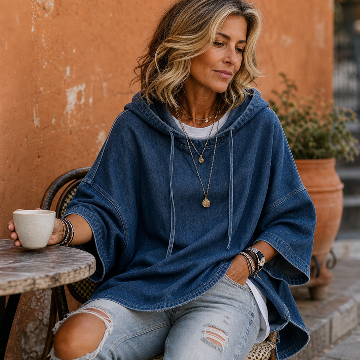 Wearlow – Oversized Washed Denim Look Hooded Poncho