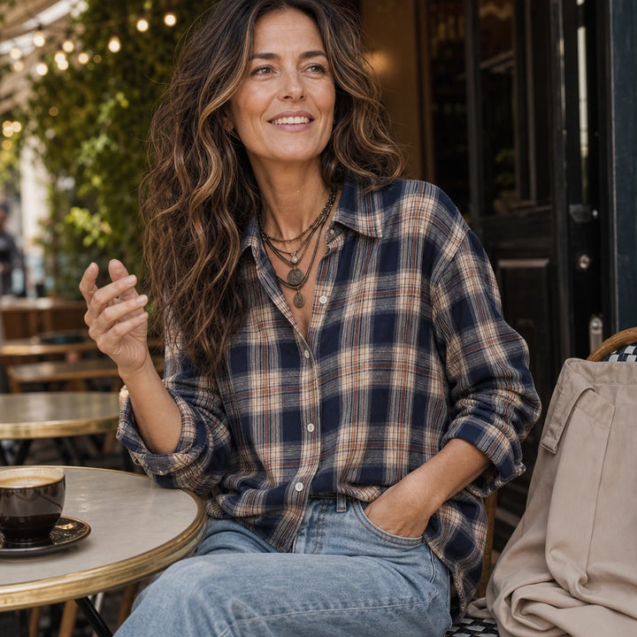 Caledon – Plaid Button-Front Long-Sleeve Blouse