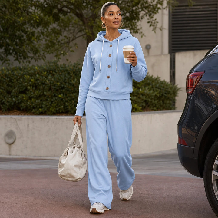 French Terry Button-Front Hoodie And Wide-Leg Sweatpants Set