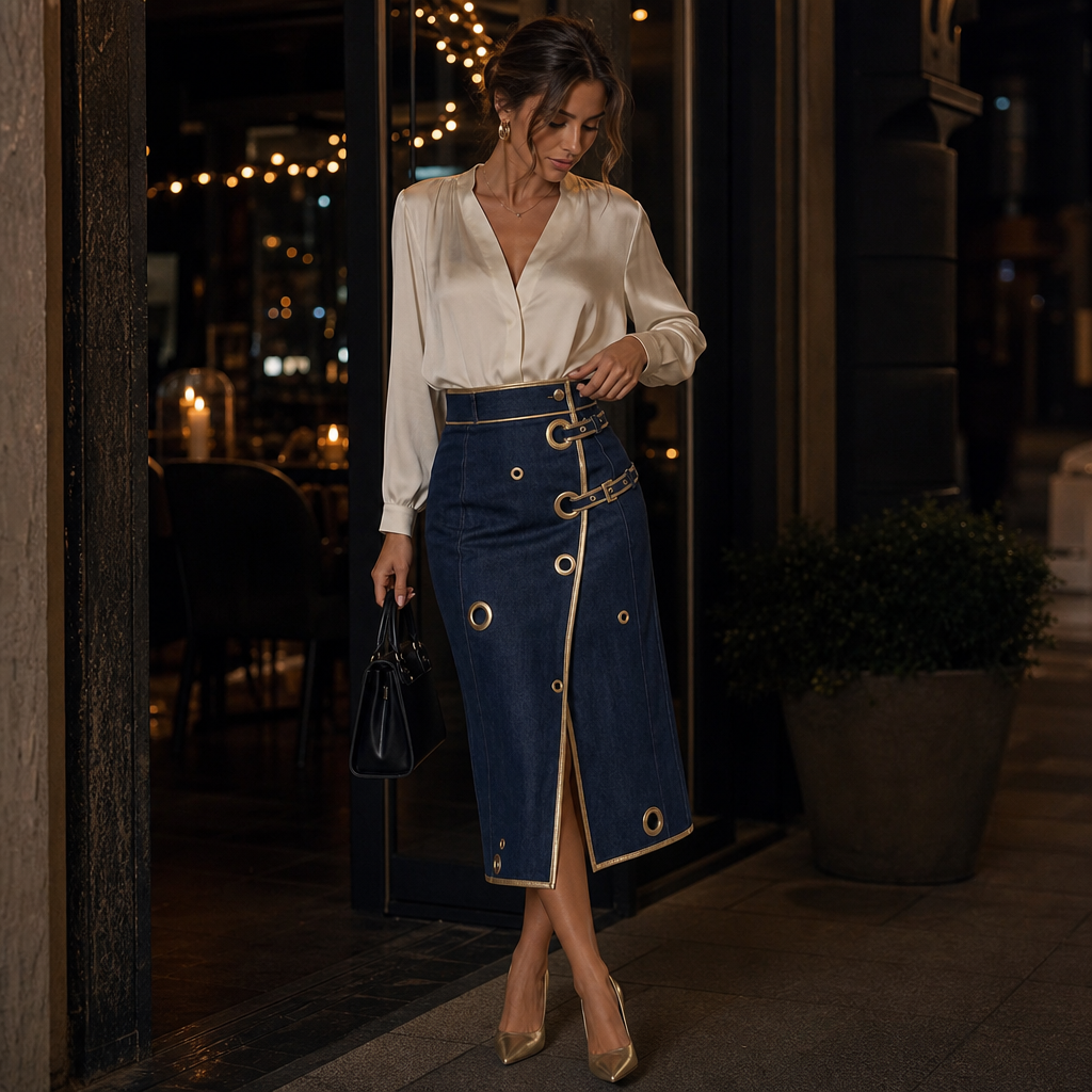 Wearbella – Asymmetric Wrap Denim Midi Skirt