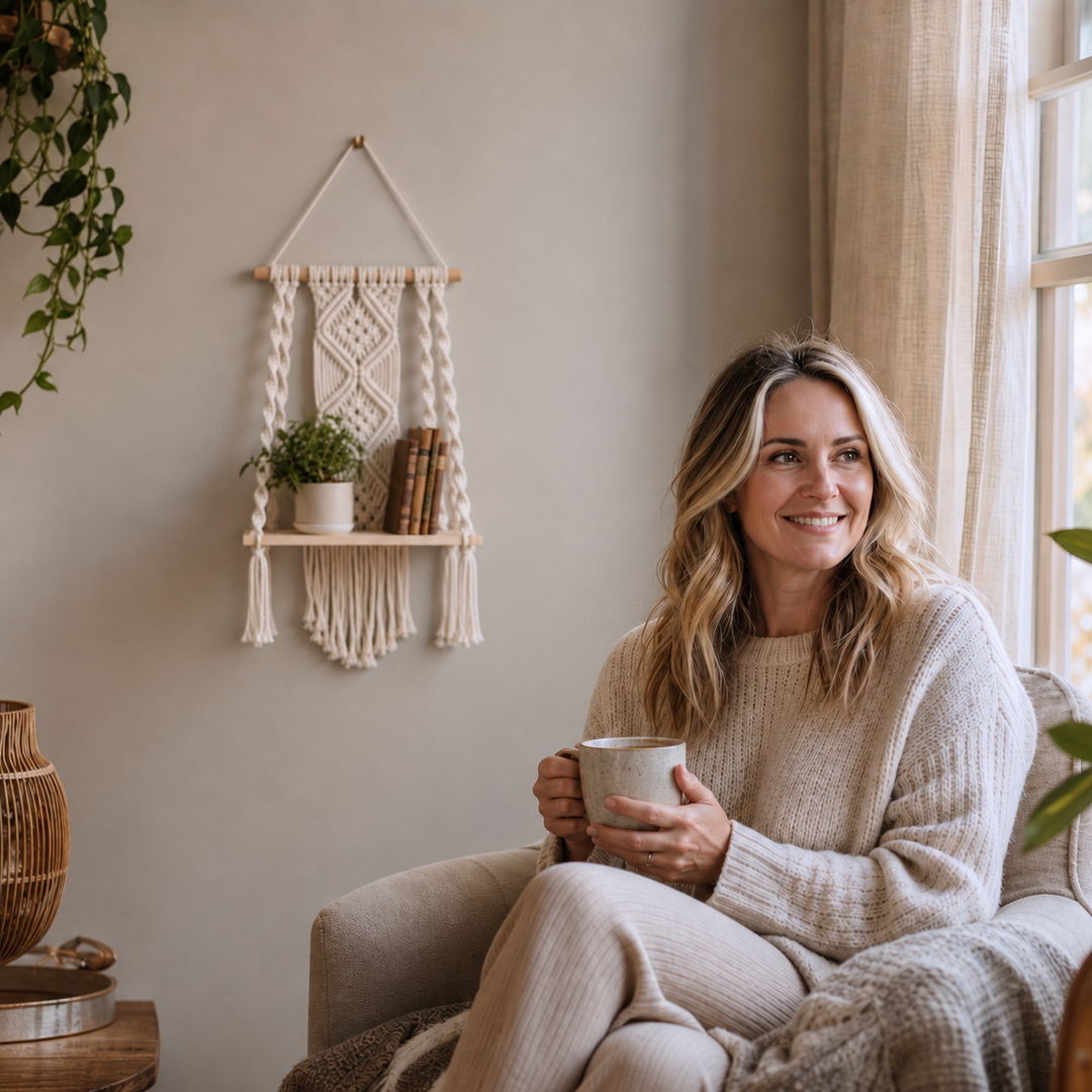 Woven Haven – Macramé Diamond Pattern Wooden Wall Shelf