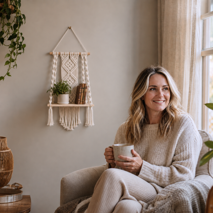 Woven Haven – Macramé Diamond Pattern Wooden Wall Shelf