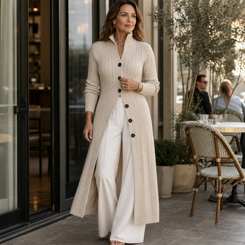 Cablewick – Vertical Cable-Knit Open-Front Duster Cardigan