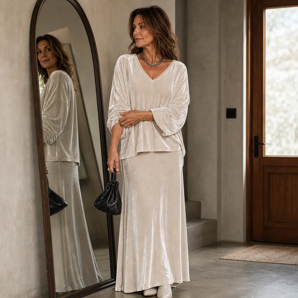 Veloura – Relaxed Velvet Top And Flared Maxi Skirt Set