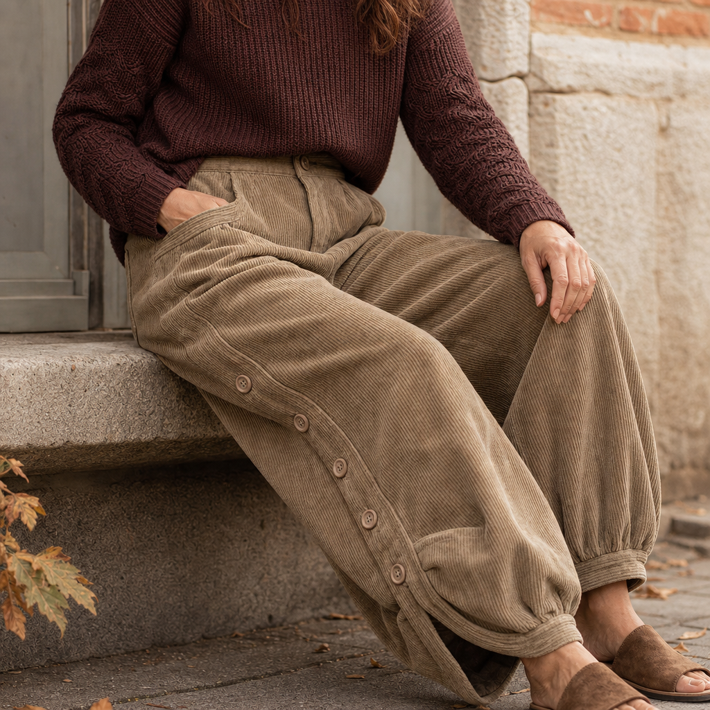 Cozelle – Side-Button Barrel Leg Corduroy Pants