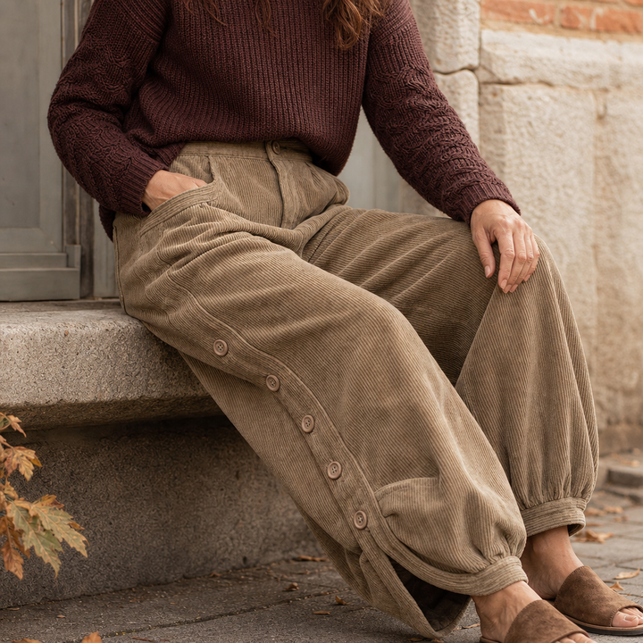 Cozelle – Side-Button Barrel Leg Corduroy Pants