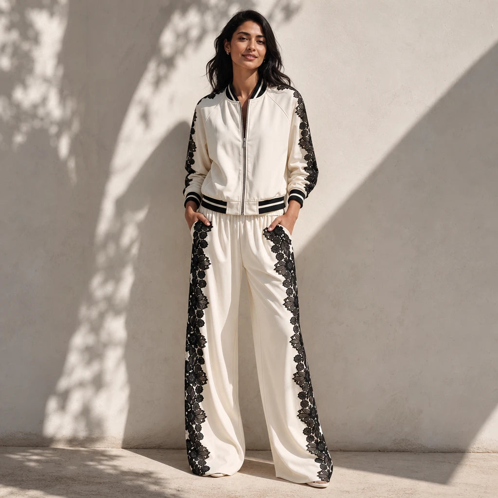 Lace & Leisure – Floral Lace Panel Track Jacket And Wide-Leg Pants Set