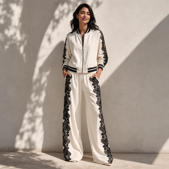 Lace & Leisure – Floral Lace Panel Track Jacket And Wide-Leg Pants Set