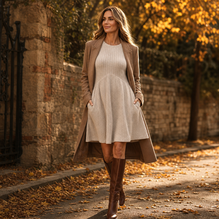 Vivelyn – High-Waisted Ribbed A-Line Midi Dress