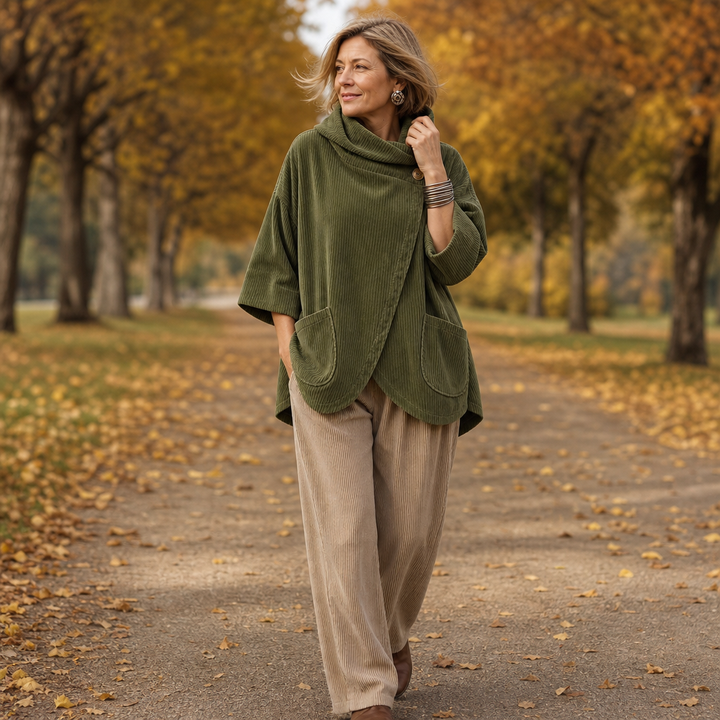 Draperly – Asymmetric Hem Hooded Corduroy Poncho