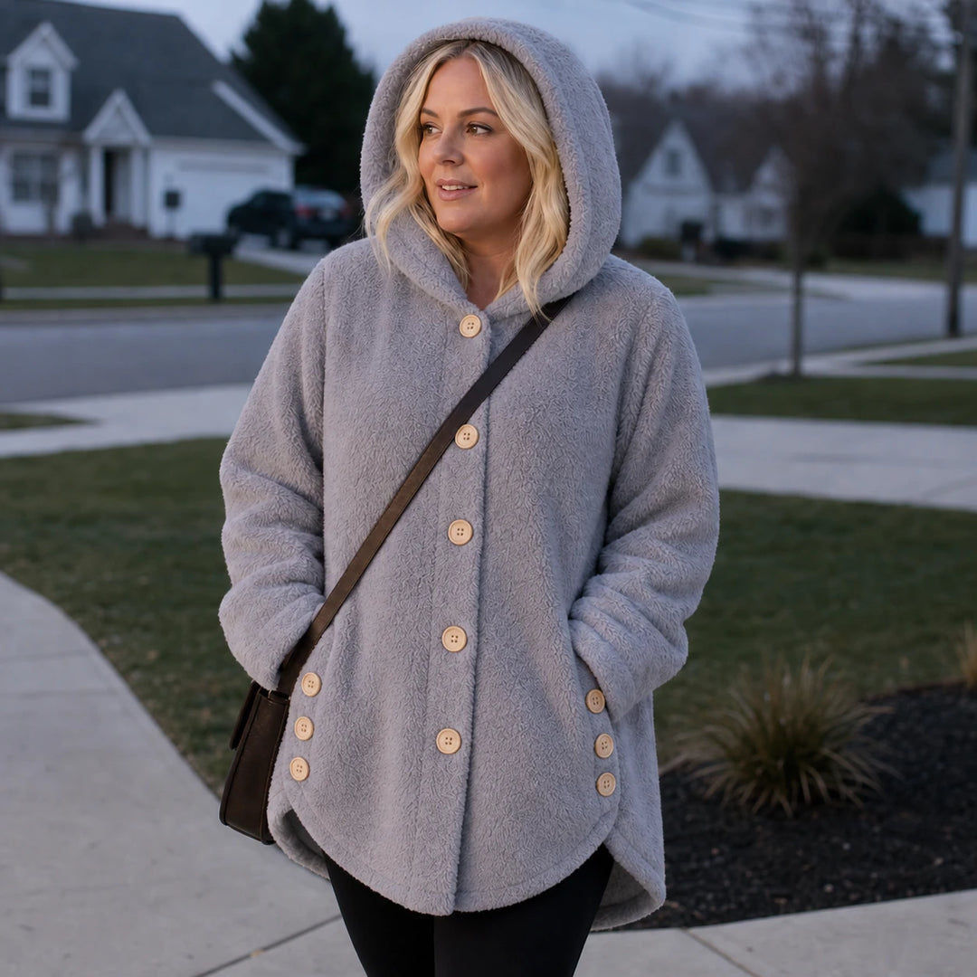 Cozy Button – Asymmetrical Hem Hooded Fleece Coat