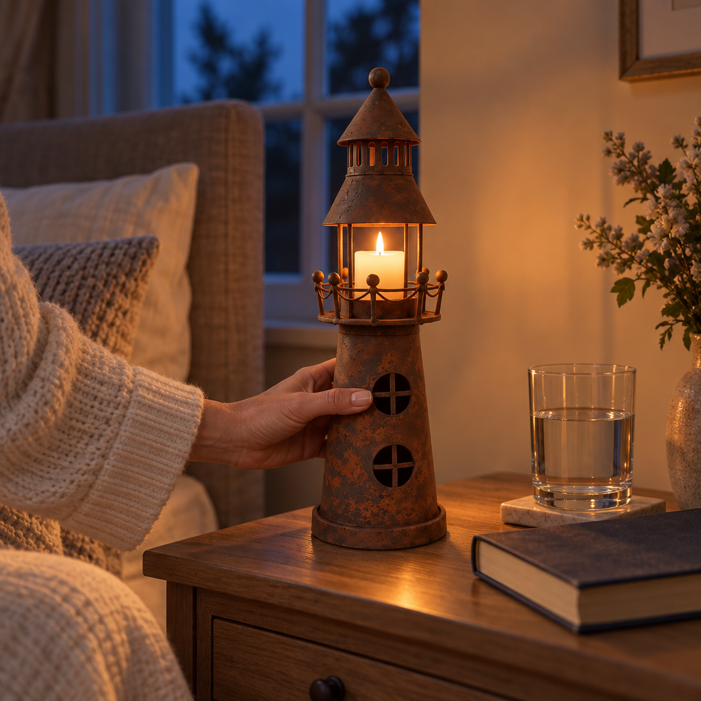 Lumenkeep – Distressed Metal Lighthouse Candle Lantern