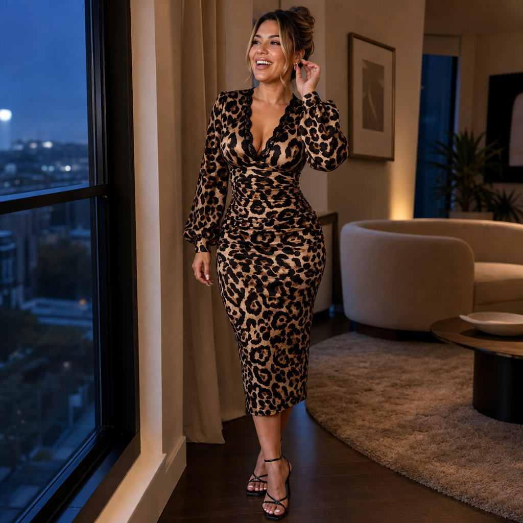 Veloura – Lace V-Neck Ruched Leopard Midi Dress