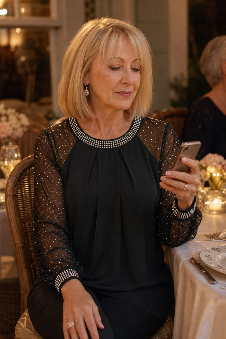 Wearbella – Sequin-Trim Sheer-Sleeve Pleated Blouse