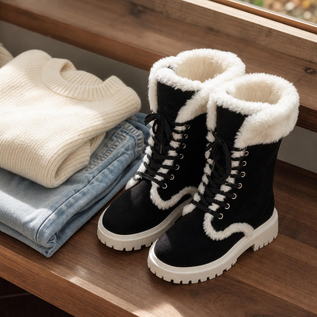 Velvara – Plush-Lined Lace-Up Mid-Calf Boots