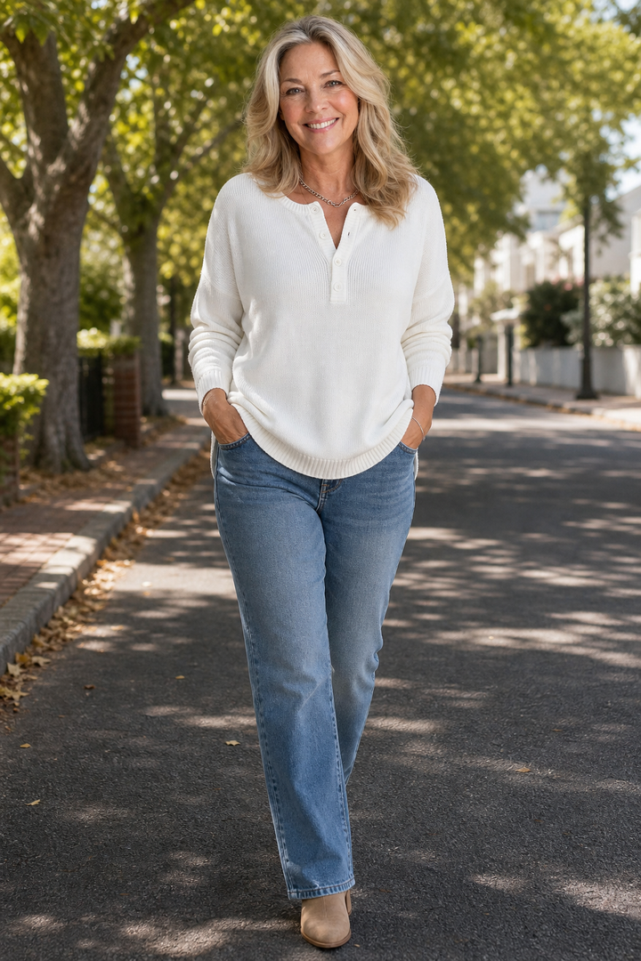 Wearbella – V-Neck Button Placket Knit Sweater