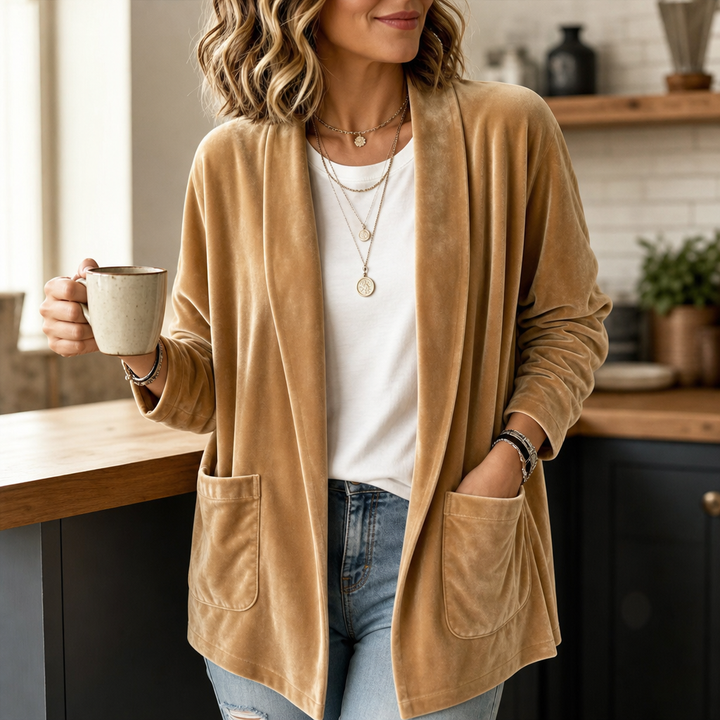 Velvetelle – Textured Velvet Shawl-Collar Open-Front Cardigan
