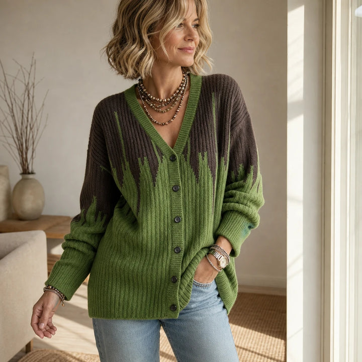 Verdant Brush Cardigan – Gradient Brushstroke Ribbed Knit Cardigan