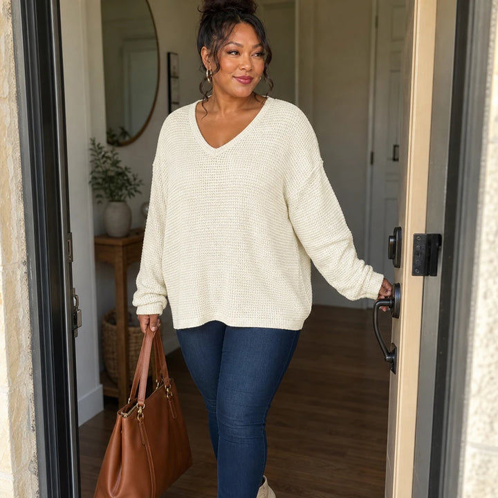 Vellune – V-Neck Waffle-Knit Long Sleeves Sweater