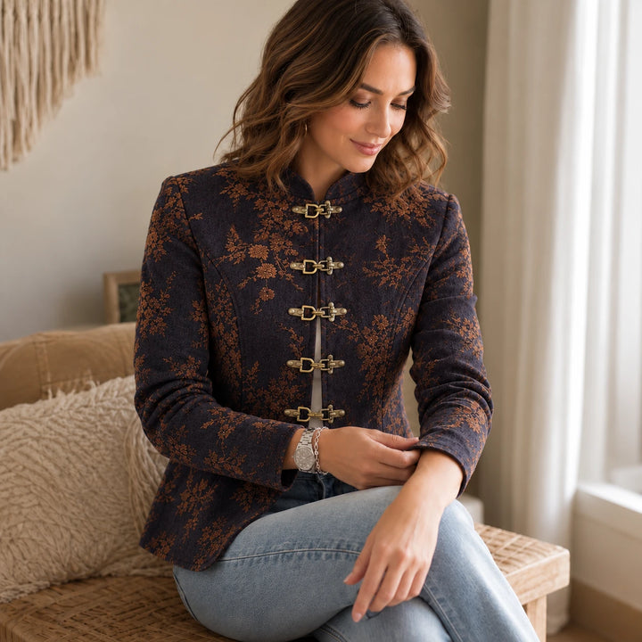 Marivelle – Floral Jacquard Mandarin-Collar Toggle Jacket