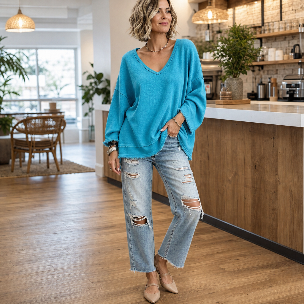 Wearbella – Raw-Hem Garment-Washed V-Neck Sweatshirt