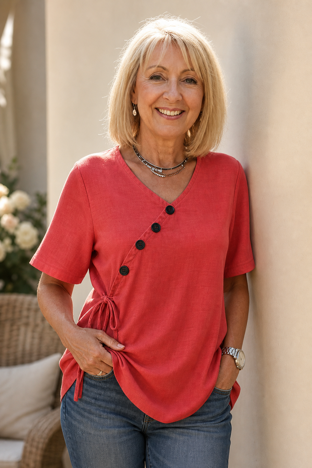Wearbella – Side-Tie Diagonal-Button V-Neck Top