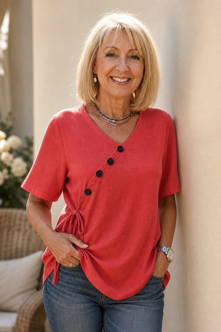 Wearbella – Side-Tie Diagonal-Button V-Neck Top