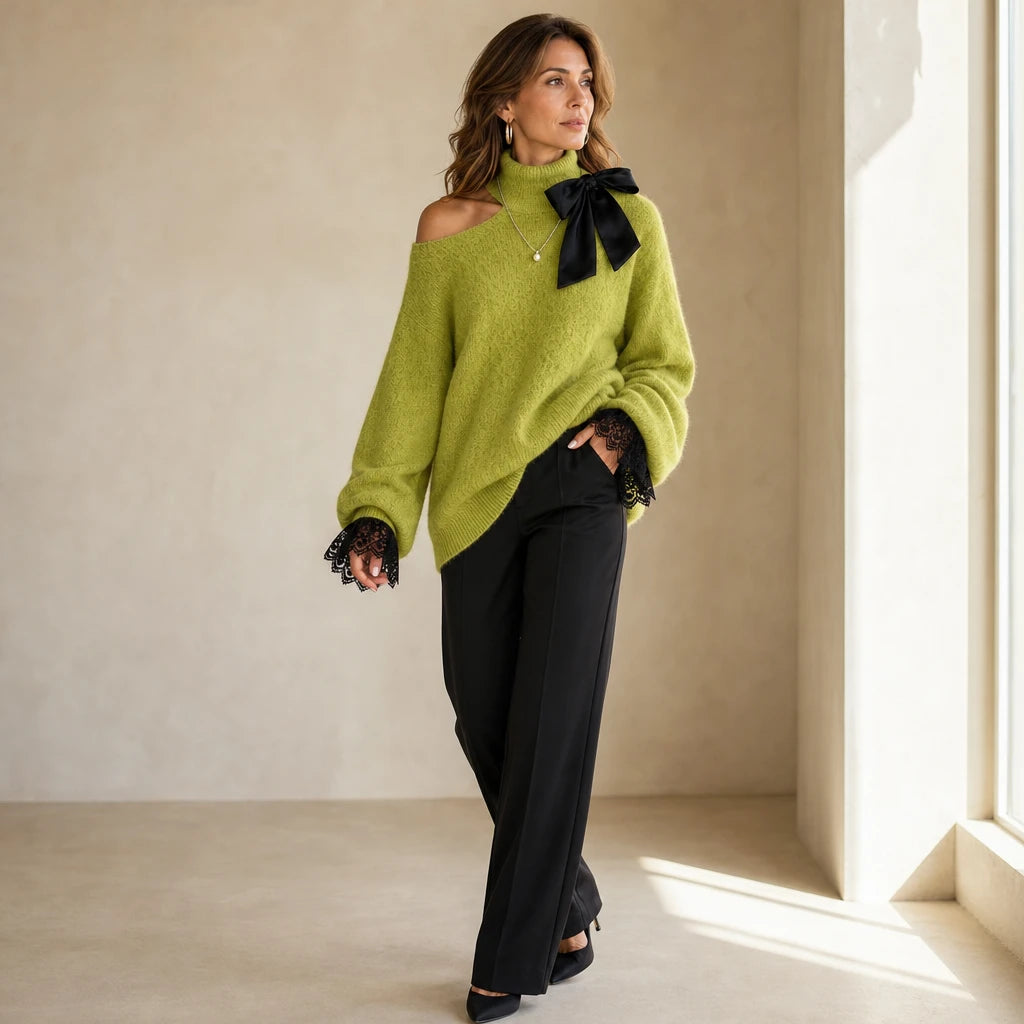 Wearbella – Bow Lace Patchwork Cold-Shoulder Sweater