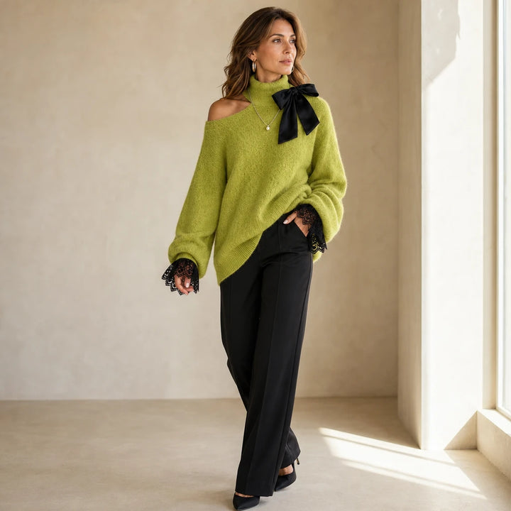 Wearbella – Bow Lace Patchwork Cold-Shoulder Sweater