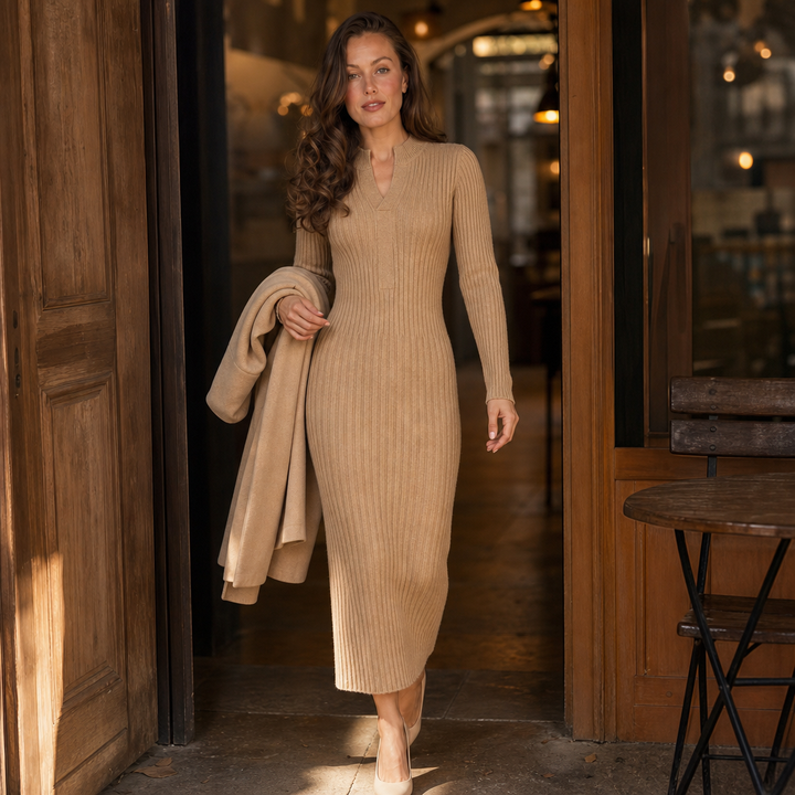 Marjorie Merino – Deep Ribbed Cinched-Waist Dress