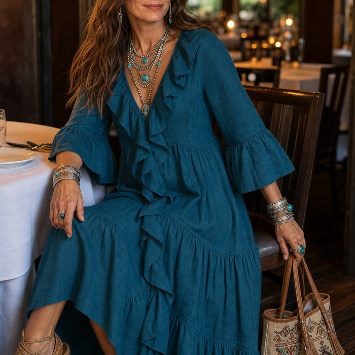 Cascada – High-Low Ruffle V-Neck Bell Sleeve Dress